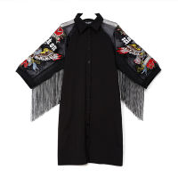 2021New Woman Plus Size Black Casual Shirt Dress 34 Mesh Sleeves Eagle Embroidery Fringe Ladies Midi Straight Party Dress Robe 3398