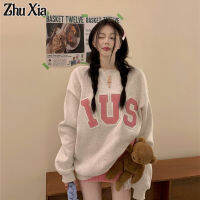 Zhu Xia เสื้อกันหนาวบางผ้าฝ้าย100% 260ก. สำหรับเสื้อผู้หญิงคอกลมปักลายตัวอักษรและแถบด้านหลัง