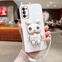 Kanavi เคสนิ่มแฟชั่น TPU เคสโทรศัพท์ปิดขอบตรงสำหรับ OPPO Reno Reno2 Reno2 F Reno4 Reno 4 Pro Reno5 5G Reno 5 Pro Reno5 Z Reno6 Z Reno7 Z Z เคสโทรศัพท์กระต่ายน่ารักเคลือบหรูหราพร้อมสายคล้อง