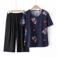 【มีไซส์ใหญ่】Plus Size XL-4XL Womens Floral Printed Top + Elastic Waist 8/10 Pants Summer Sets Oversized Vintage Casual Suits