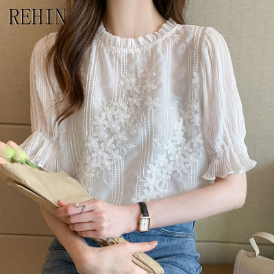 REHIN เสื้อเชิ้ตแขนสั้นสำหรับผู้หญิง,เสื้อเสื้อชีฟองคอกลมเสื้อแขนกว้างหวานเฉพาะจุดดีไซน์เวอร์ชันเกาหลีฤดูร้อน