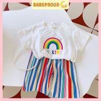 BABEPROUD เสื้อยืดแขนสั้นเด็กผู้หญิง,ชุด2ชิ้นกางเกงจับจีบรุ้งสีรุ้งลาย2-9ปีชุดเสื้อผ้าเด็กเกาหลี