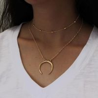 Stylish and Simple Personality Double Layer Copper Bead Necklace Moon Pendant Horn Multi-Layer Clavicle Chain for Women