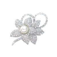 3X Classy Flower Brooch Pin with Shiny Created Crystal and Created Pearl for Christmas Wedding or Prom