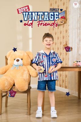 (BOYS)Vintage Old Friends Family shirt เชิ้ตเด็กผู้ชายพิมพ์ลายหมีสีน้ำเงิน ใส่สบายไม่ร้อน ซื้อให้ลูกชายเท่ที่สุดด