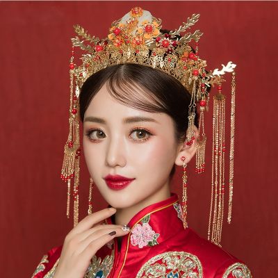 【CW】 Chinese Headdress Headband Wedding Hair Accessories Pearls Beaded Tassel Tiaras Earring Jewelry