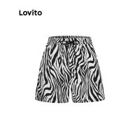 ♈✙ Lovito กางเกงขาสั้น ลายม้าลาย สไตล์สปอร์ต L16D078(สีดำ)