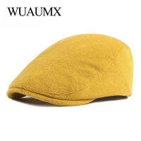 Wuaumx Spring Autumn Berets Hat Men knitting Visor Cap Casual Fashion Women Beret Solid Yellow Blue Peaked Flat Cap Duckbill Hat2023