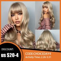 HENRY MARGU Light Ash Brown Synthetic Wig with Bangs Natural Long Body Wave Machine Made Wig for Women Party Heat Resistant Hair