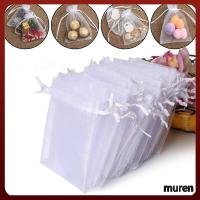 MUREN 25/50PCS งานแต่งงาน ของชำร่วยคริสต์มาส บรรจุเครื่องประดับ ถุงของขวัญ Organza Gauze ซอง กระเป๋าหูรูด ถุงสีขาว