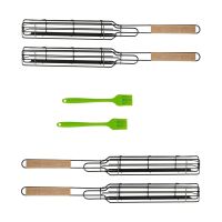 4 Pcs Kabob Grilling Basket with 2Pcs Silicone Brush,Reusable Durable Wooden Handle Barbecue Tool Grill Basket Grill Net