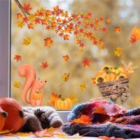 Maple Pumpkin Squirrel Window Stickers Thanksgiving Decoration For Home Autumn Maple Wall Sticker Kids Room Decal Sticker Muraux