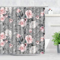 Floral Waterproof Shower Curtains Pink Flowers Plant Gray Background Printed Fabric Bathroom Screen With Hooks Bath Curtain Sets