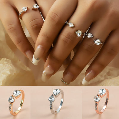 แหวนเพชรรูปหัวใจคู่แฟชั่นสำหรับผู้หญิงแหวนปรับขนาดได้งานแต่งงานแหวนเซอร์คอนวาเลนไทน์