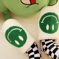 2022 New Green Smiley Face Slippers Women Winter Warm Closed Fluffy Plush Cute Fuzzy Slippers Home Flip Flops Men Slides Shoes