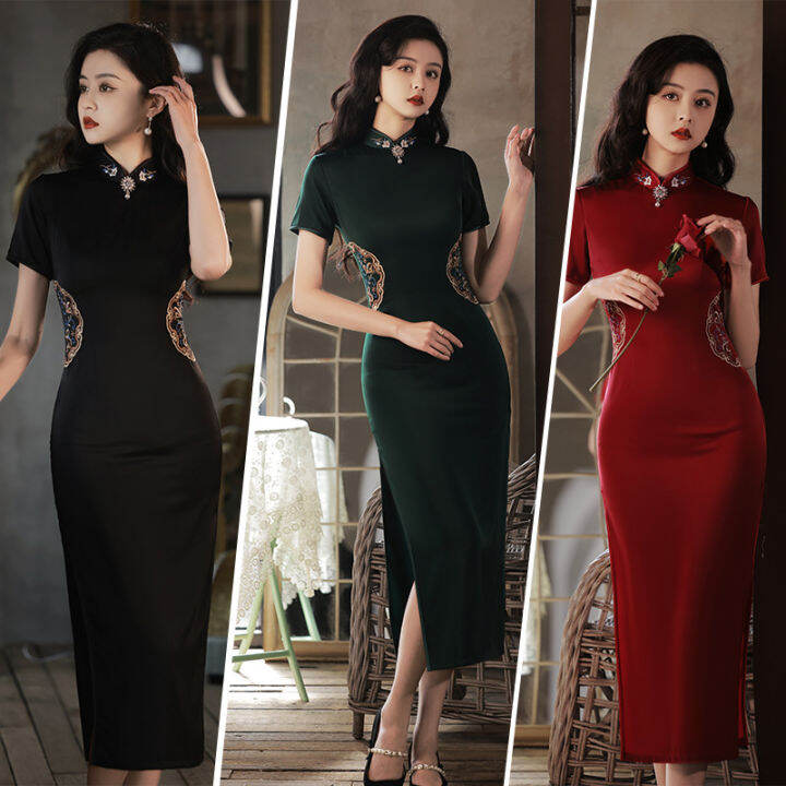 ปรับปรุง-cheongsam-สีดำในปี2022อารมณ์หนุ่มสไตล์ย้อนยุคระดับไฮเอนด์บางและบาง