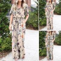 COD DSFERTEREERRE ZANZEA Women Casual Loose Floral Short Sleeve Wide Leg Jumpsuit