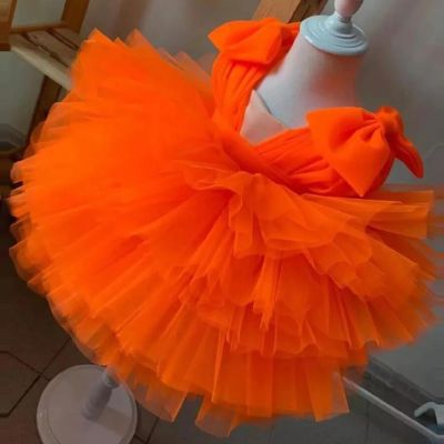 【YF】 Orange Little Girls Birthday Dress knee Length Tiered Ruffled Puffy Kids Communion For Wedding Formal Gowns