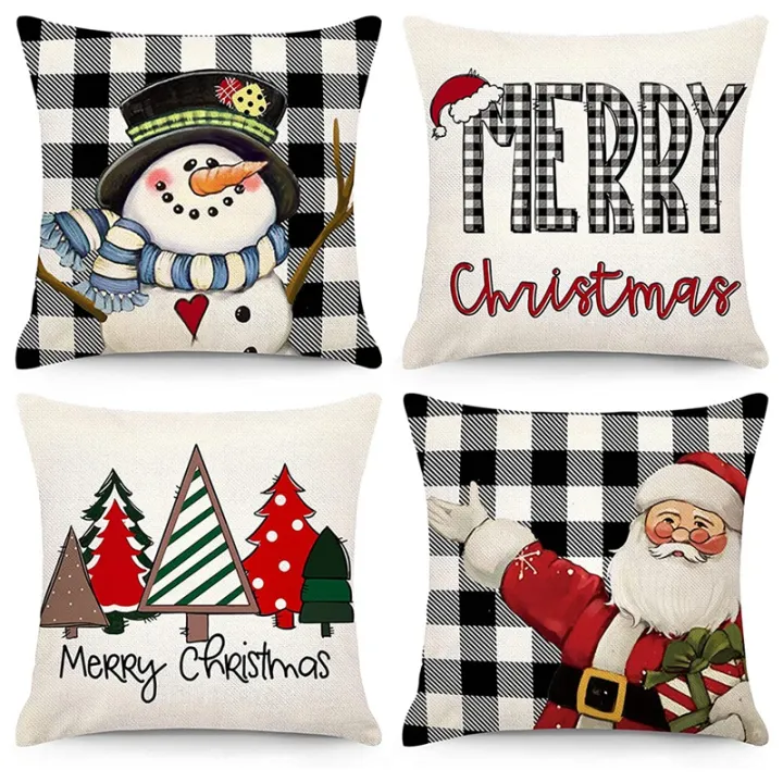 Pillow Case, Set Of 4 Cotton And Linen Christmas Elk Santa Claus