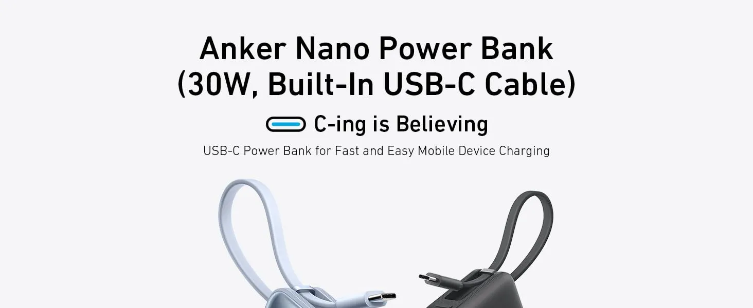 Anker Nano Power Bank, 10,000mAh Portable Charger with Built-in USB-C  Cable, PD 30W Max Output with 1 USB-C, 1 USB-A, Compatible for iPhone 1515