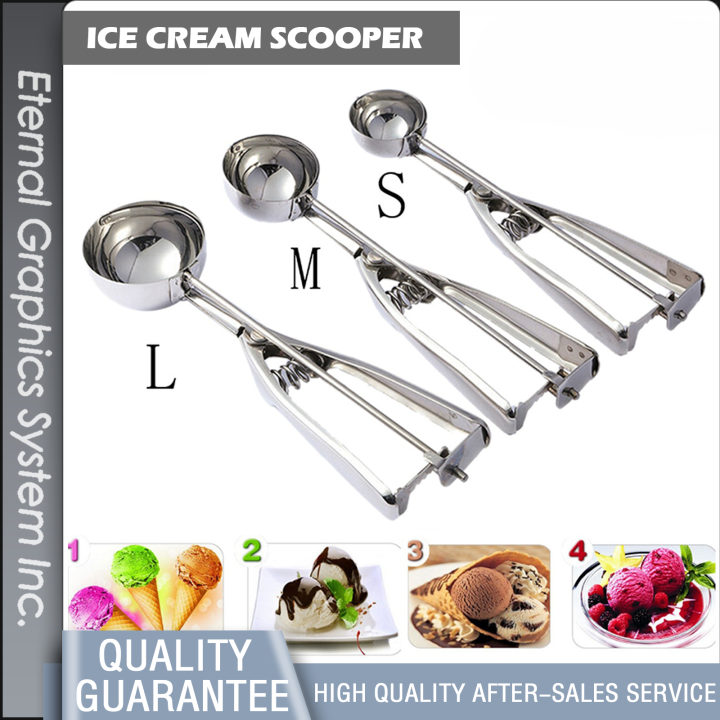 Ice Cream Scoop Spoon Spring Handle Masher Cookie Scoop Stainless Steel New