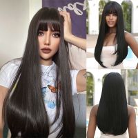 【DT】hot！ Dark Synthetic Wigs with Bangs Straight Gray Hair for Afro Resistant Wig