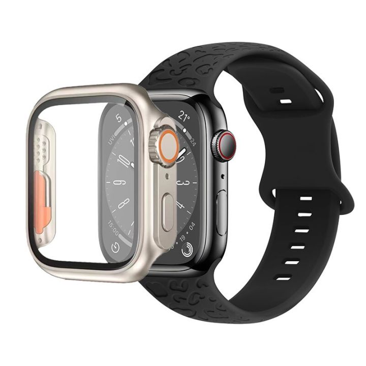 เคส-สายสำหรับสายคาด-apple-watch-44มม-40มม-45มม-41มม-38มม-42มม-สร้อยข้อมือซิลิโคนแกะสลักเสือดาว-iwatch-7-se-4-5-6-8-3-2-1เปลี่ยนเป็น49มม