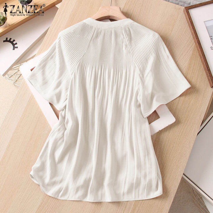 สินค้ามาใหม่-จัดส่งฟรี-fancystyle-zanzea-เสื้อจับจีบหลวมลำลองผู้หญิงแบบสวมหัวเสื้อคอวีแขนสั้นใส่ทำงานหรูหรา-2