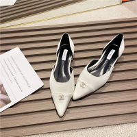 【high-quality】Silk flat shoes, water diamond pointed hollow sandals, spring Baotou womens shoes, temperament, black work shoes