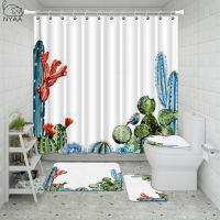 Vixm Tropical CactusBathroom Waterproof Shower Curtain Set Pedestal Rug Lid Carpet Toilet Cover Set Bath Curtain Mat Set