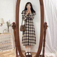 Zuoan Korean Fashion Plaid Long Sleeve Midi Dress Womens Midi Dresses