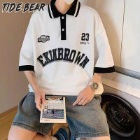 TIDE BEAR เสื้อยืดโปโล ผู้ชายเสื้อคอปก เสื้อโปโลเสื้อโปโลพิมพ์ลายตามสั่งแบบคู่แขนสั้นเรียบง่าย