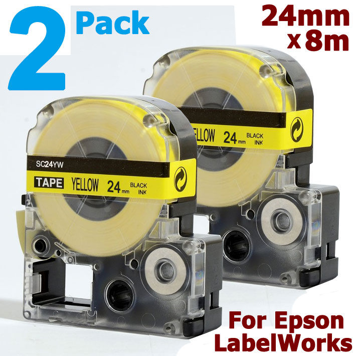 2 Pack 24mm Label Tape for Epson LC-6WBN LC-6YBW for KingJim SS24KW SC24YW Black on White Yellow Print Tape Cartridge for LabelWorks LW-600P LW600P LW-700 LW700 LW-900P LW900P LW-1000P LW1000P Portable Label Printer