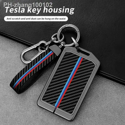 New Zinc Alloy Carbon Fiber Pattern Car Card Key Cover Case Protector Holder for Tesla Model 3 Model Y Auto Keychain Accessories