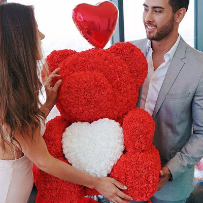 Hot 40cm Artificial Rose Heart Teddy Bear Handmade Bear of Roses For Women Valentines Day Wedding Bithday Gift Drop Shipping