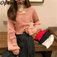 Field Women เสื้อแขนยาวคอเหลี่ยมหนาถักเสื้อกันหนาวอินเทรนด์สบายๆสีทึบ Pullover Tops