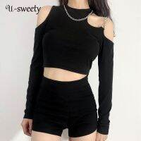 U-Sweety เสื้อครอปแฟชั่นสําหรับสตรีแขนยาวคอกลมสีพื้นทรงอสมมาตรใส่สบาย