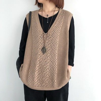 [Spot] 2023 autumn and winter knitting Vest Womens vest loose hollow sleeveless outer V-neck Waistcoat Vest 2023