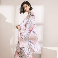 HOT SELLING 3Pcs Soft Pajama Set For SPRING &amp; FALL Ladies Sleepwear Floral Printed Pink Leaves Cardigan+Camisole+Pants Homewear