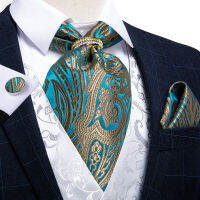 ผู้ชาย Vintage Teal Blue Paisley อย่างเป็นทางการ Ascot Tie สไตล์อังกฤษสุภาพบุรุษผ้าไหม Cravat เนคไทชุด Hanky Tie แหวน DiBanGu