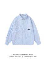 Retro Japanese vertical stripe pocket long-sleeved shirt mens trendy brand street loose casual all-match shirt 【BYUE】