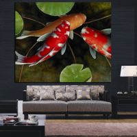 Luyameishop จีน Koi Fish Lotus ผ้าใบพิมพ์ Feng Shui สัตว์ภูมิทัศน์ภาพวาด Wall Art รูปภาพสำหรับห้องนั่งเล่น Modern Home ตกแต่ง