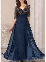 ZZOOI Womens Chiffon Long Dresses Luxury Half Sleeve V-Neck Flowy Cocktail Gown See Through Sequined Maxi Elegant Bridesmaid Dresses