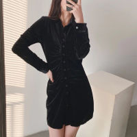 Womens 2022 Fashion New Velvet Shirt Mode Dress Pure Color Casual Long Sleeve Temperament Female Chic Mini Skirt Mujer