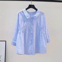 Plus Size Womens 9/10 Sleeve Striped Blouses Ladies Office-wear Button Up Female Muslimah Spring Summer Tops