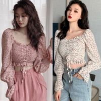 ✨Free Shipping✨ ashion Puff Sleeve Crop Tops Square Collar y Pleated Floral Chiffon Tops