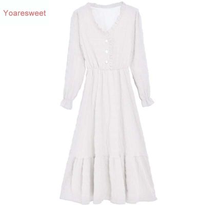 Yoaresweet French long-sleeved dress female waist is thinner and V-neck mid-length fairy skirt