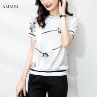 AMMIN Tops 2021เสื้อใหม่สั้นแขนสั้นคอกลมสีเข้าคู่แฟชั่นเย็บ All-Match หม่อนเสื้อผ้าไหมแขนสั้นผู้หญิงฤดูร้อนหลวมเกาหลีแฟชั่น Rose พิมพ์ผ้าไหมเสื้อยืด