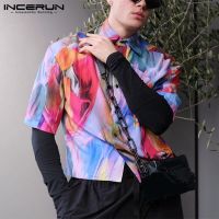 2023 Men Shirt Tie Dye Colorful Summer Lapel Short Sleeve Button Camisas Streetwear Fashion Casual Male Crop Tops S-5XL INCERUN