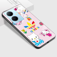 GGK เคสมือถือการ์ตูนแมวคิตตี้สำหรับ Vivo Y78 5G Y78 + 5G สำหรับเด็กผู้หญิงกระจกนิรภัยมันวาวเคสโทรศัพท์หลัง